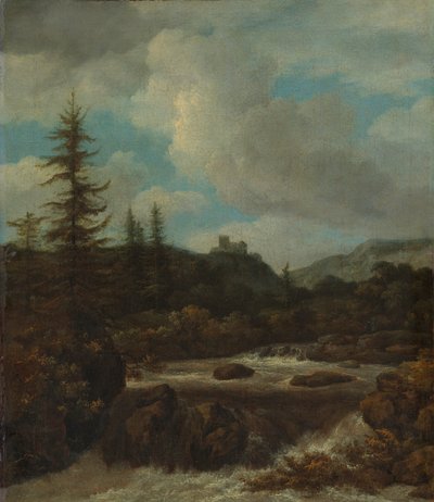 Landschaft mit Wasserfall in der Nähe eines Schlosses von Jacob van Ruisdael
